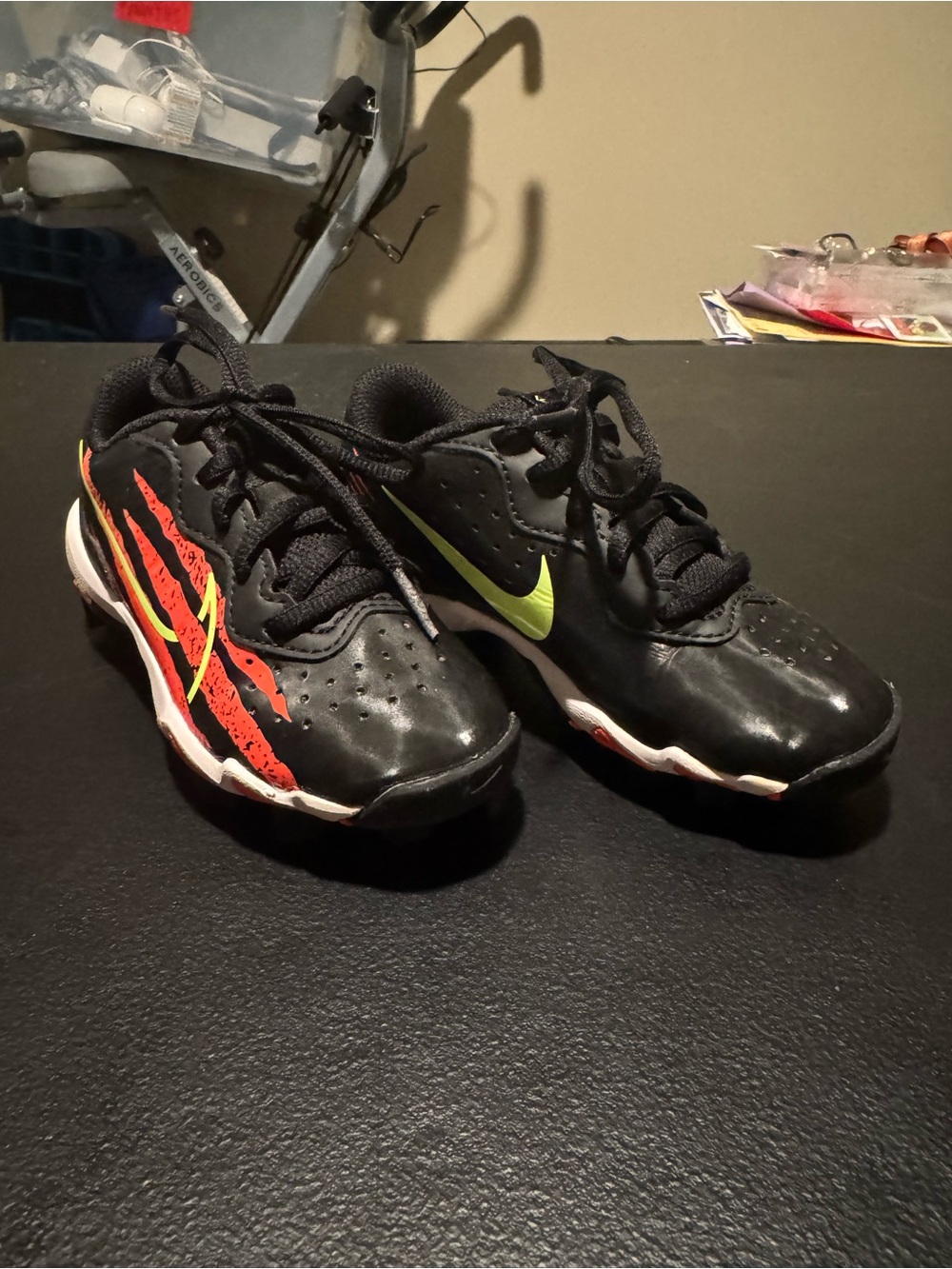 Nike Kids Black Baseball Cleats with Red Flame and Lime Swoosh